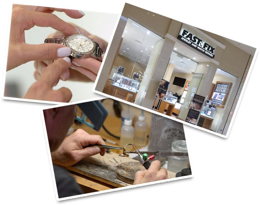 Woman looking at a watch, a Fast Fix store location, and a welder fixing a piece of jewelry