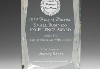 Clear rectangular award depicting Fast Fix Jewelry and Watch Repairs King of Prussia as the 2019 Small Business Excellence Award Winner in the Jewelry Repair Category